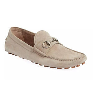 Gucci Byorn Driver Oatmeal Beige Suede Horsebit Slip On Loafer Flat G 13 US 14